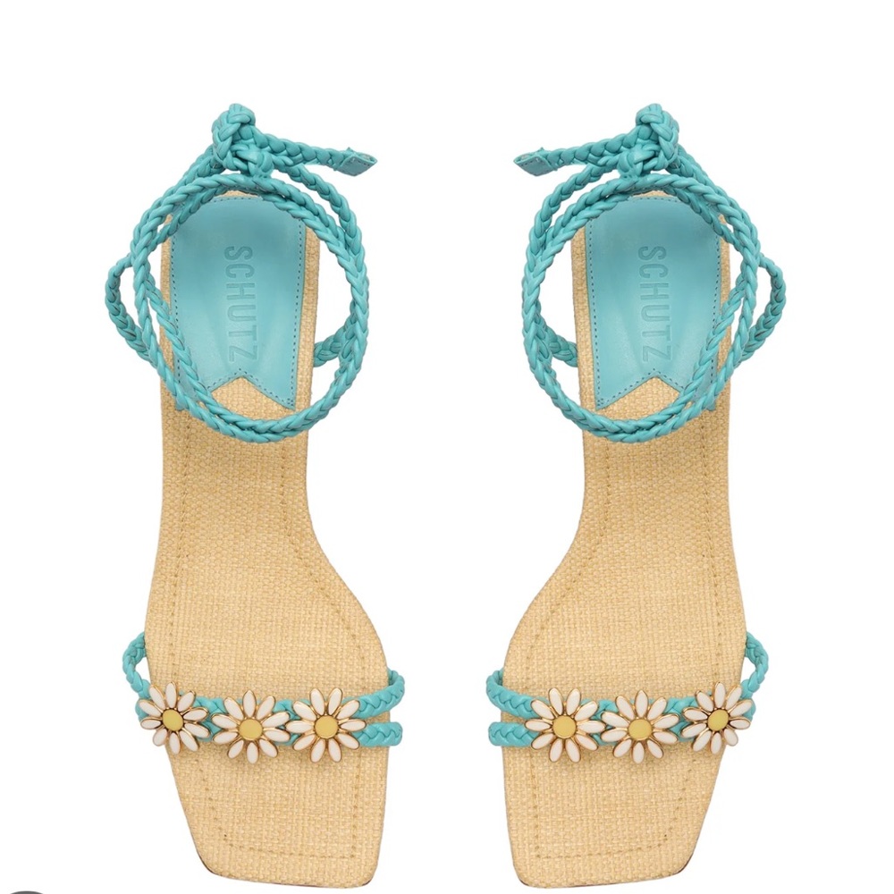 Schutz - New flower Hina Mid block-heeled sandal in turquoise/river aqua.Size 6B